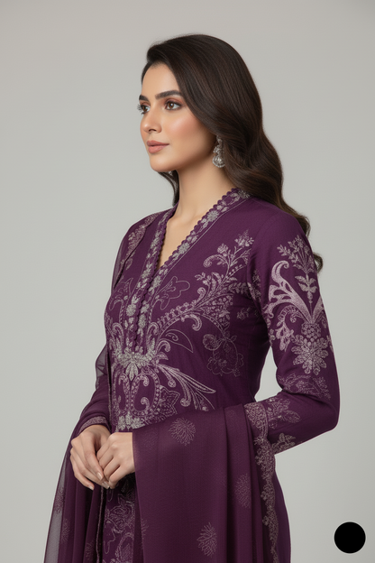 Pakistani women's purple chiffon straight shirt plazo detail view