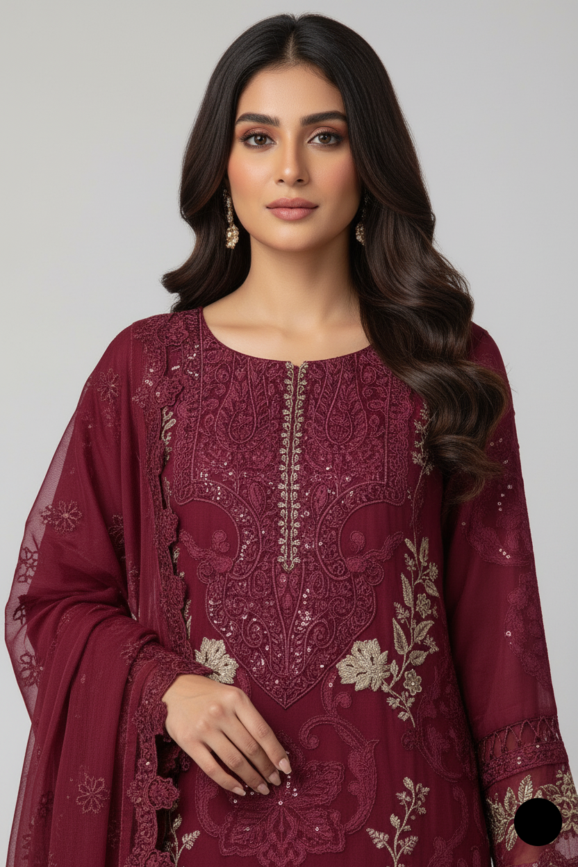 Maroon organza Pakistani women's straight shirt side view