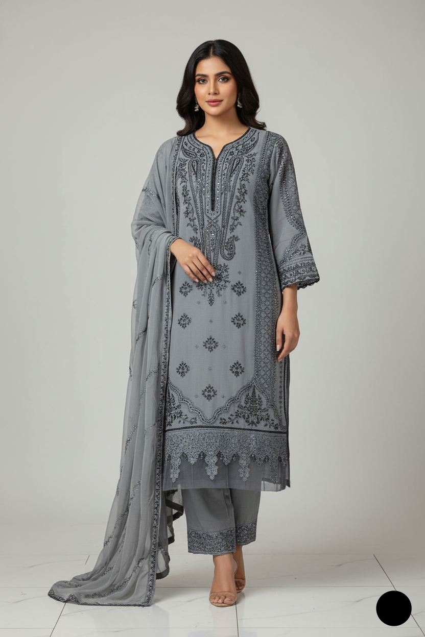 Chiffon straight shirt plazo grey - Pakistani women's party wear with viscose plazo and chiffon dupatta front view