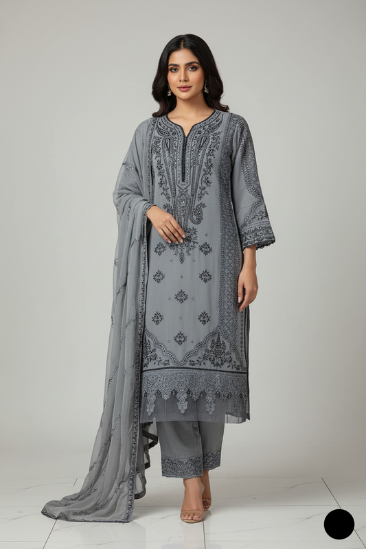 Chiffon straight shirt plazo grey - Pakistani women's party wear with viscose plazo and chiffon dupatta front view