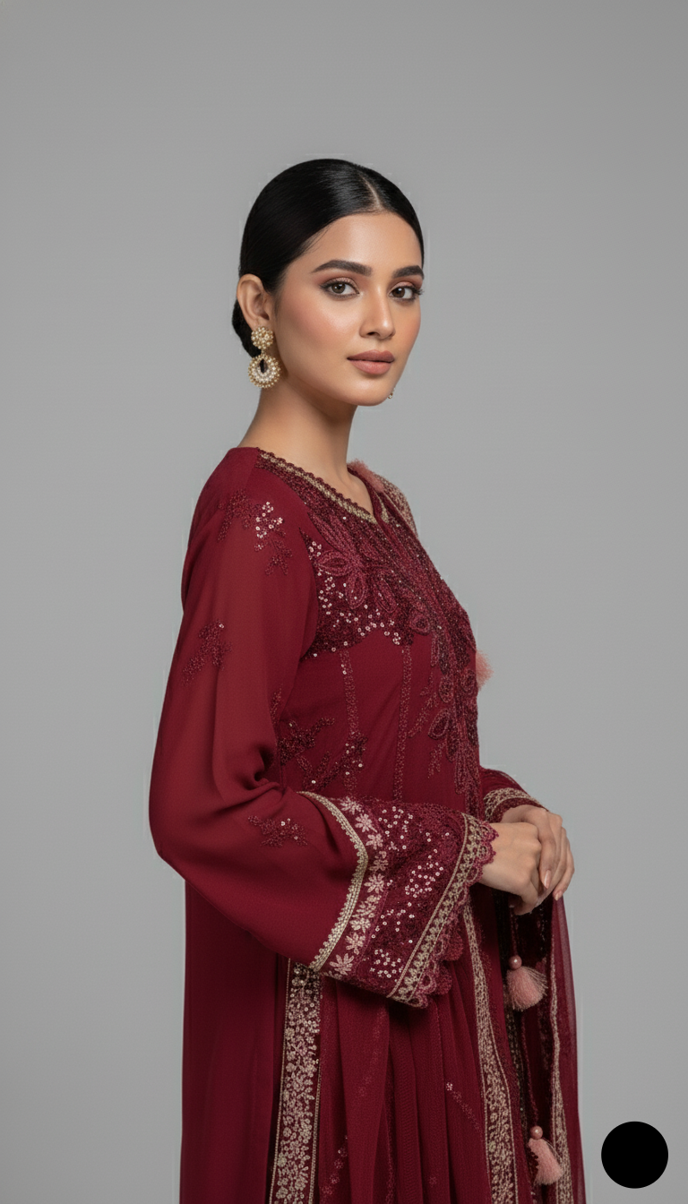 Pakistani women's maroon organza A-Line shirt detail view