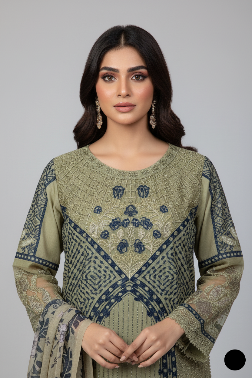 Pista green chiffon Pakistani women's straight shirt with plazo side view