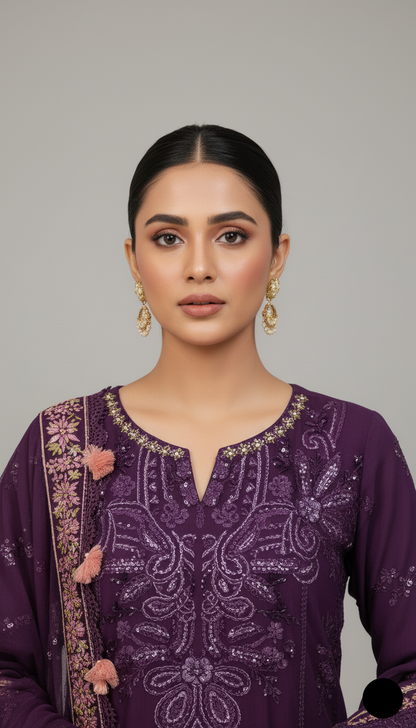 Dark purple organza Pakistani women's A-Line shirt side view