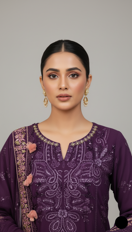 Dark purple organza Pakistani women's A-Line shirt side view