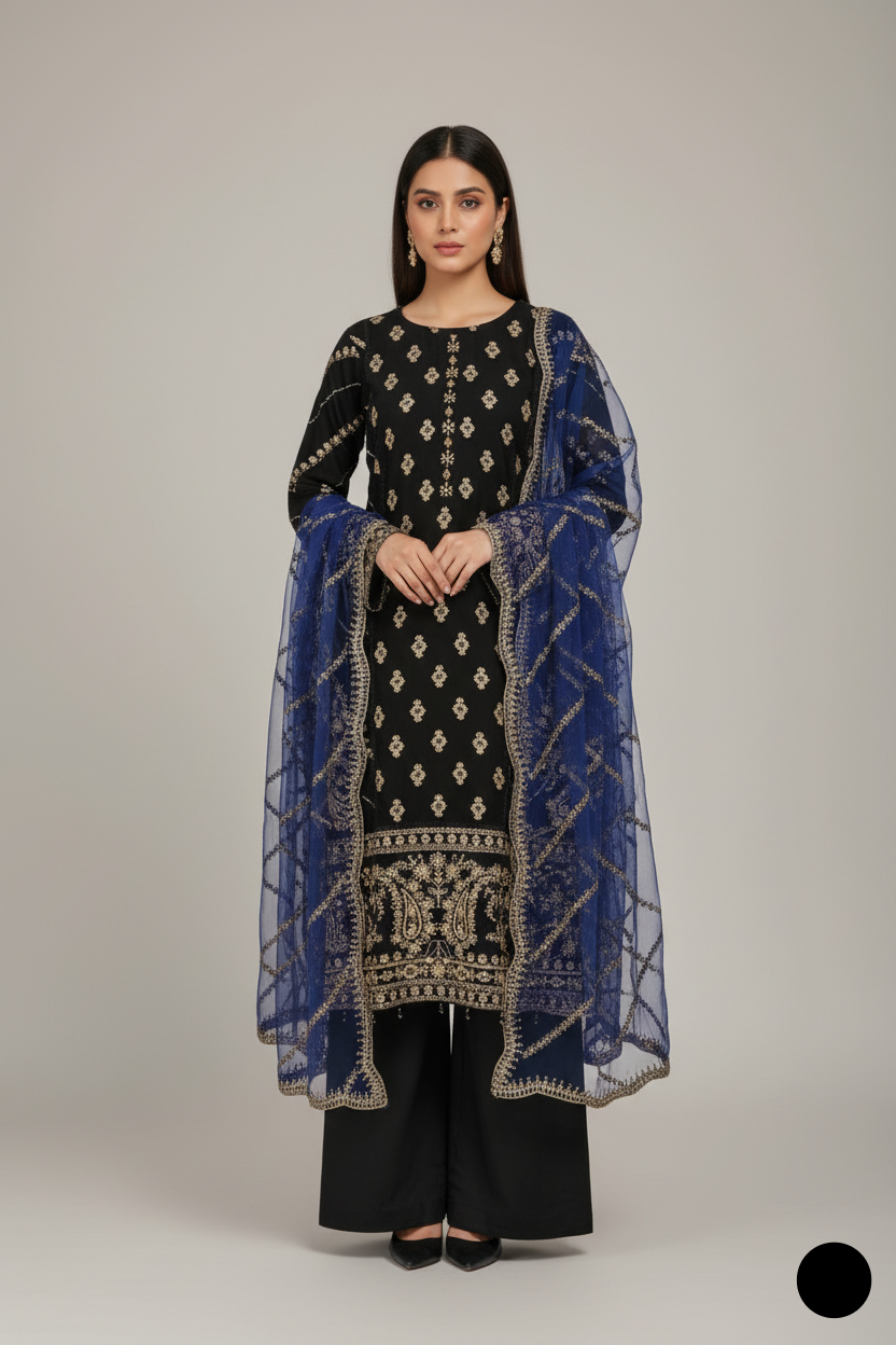 PNW 6310 Pakistani women's chiffon outfit with organza dupatta detail view