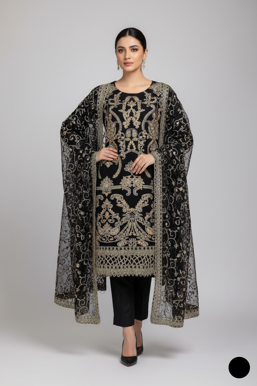 Organza straight shirt black - Pakistani women's elegant formal wear with viscose trouser and organza dupatta front view