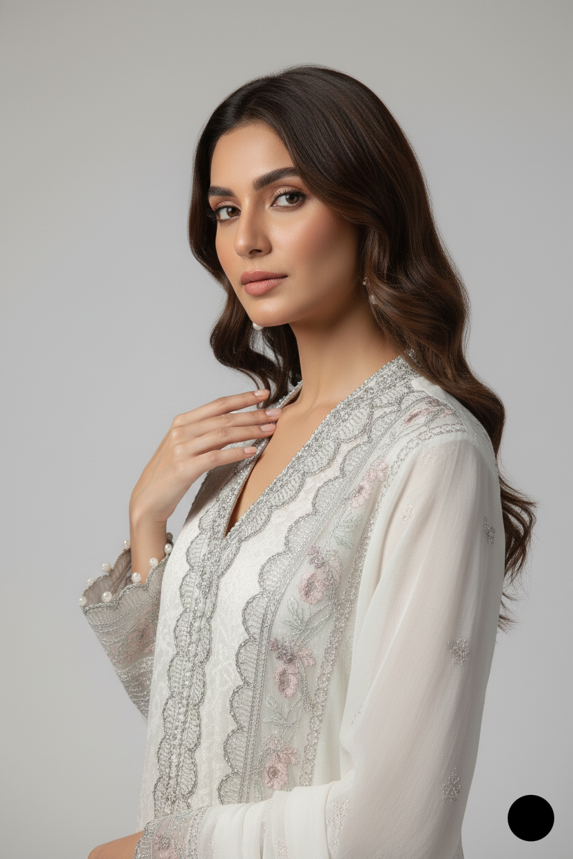Pakistani women's off white organza open shirt detail view