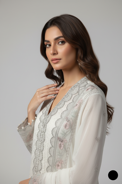 Pakistani women's off white organza open shirt detail view