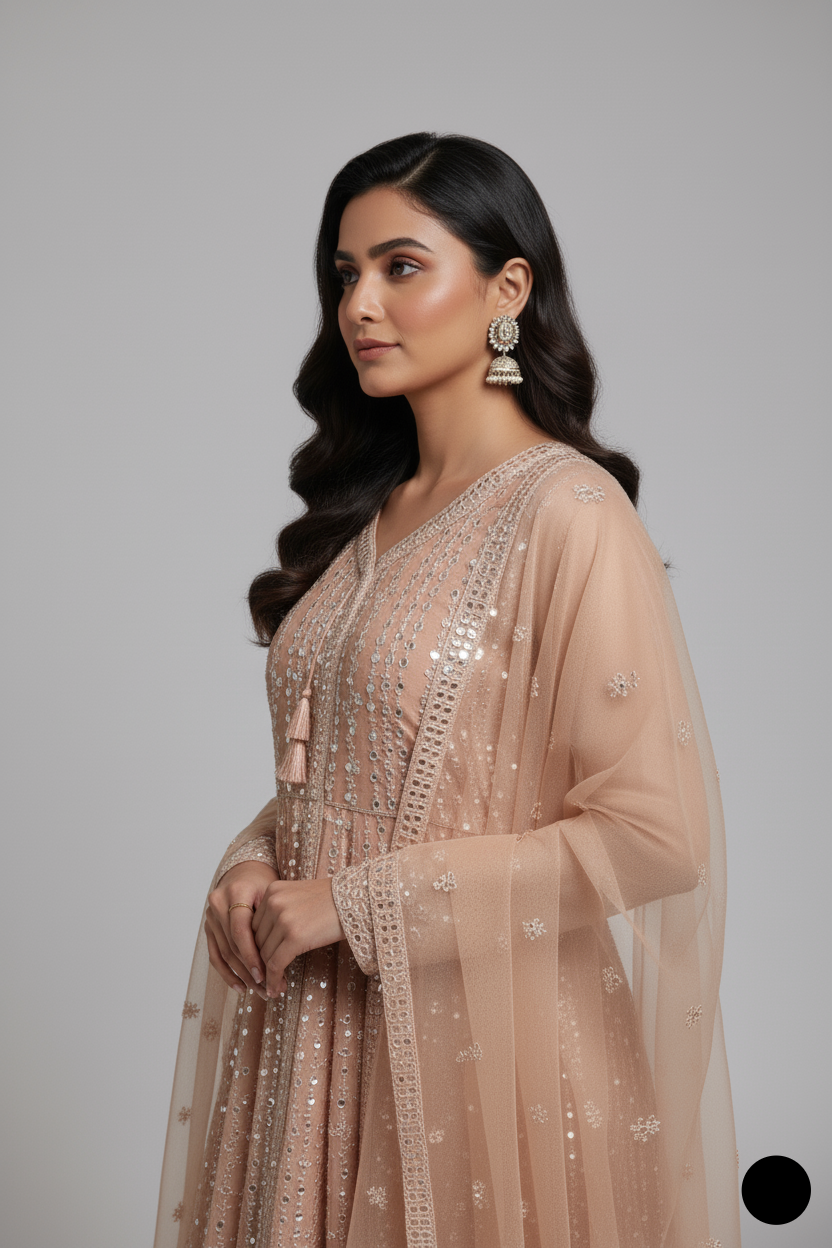 ABL 3771 Pakistani women's masuri net frock with matching dupatta detail view