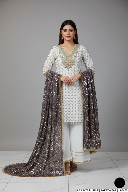 Organza straight shirt purple with dupatta - Pakistani women's elegant party wear with viscose trouser and organza dupatta front view