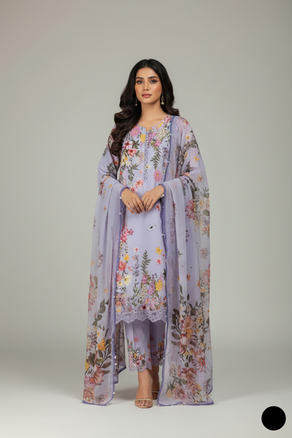 Organza A-Line shirt lilac - Pakistani women's elegant formal wear with viscose trouser and organza dupatta front view