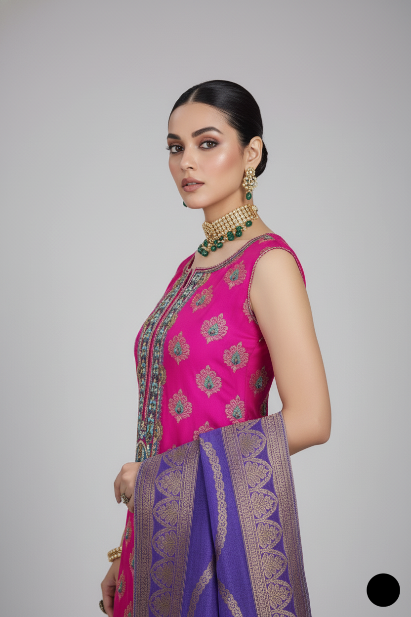 KB P248 Pakistani women's silk jamawar embroidered outfit detail view