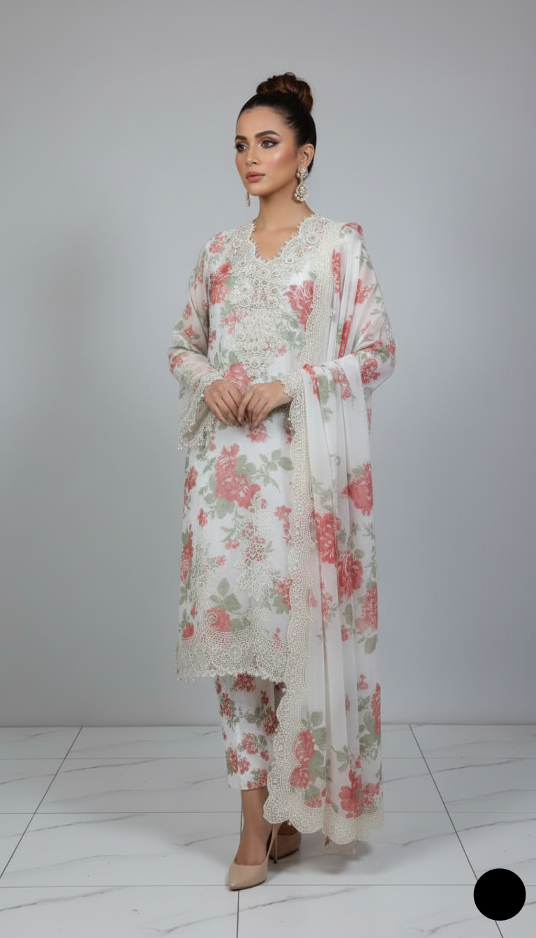 Pakistani women's rust white organza A-Line shirt detail view