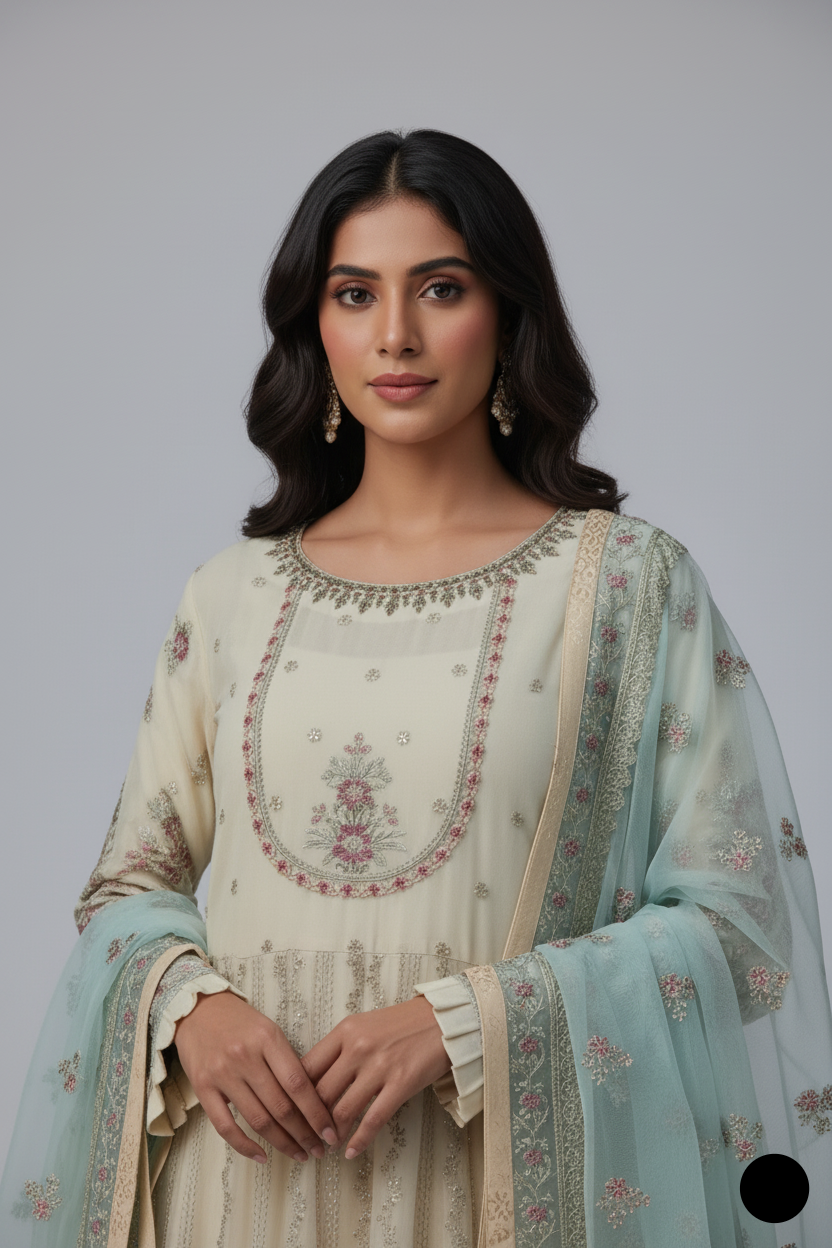 ABL 3807 organza Pakistani women's frock style outfit side view
