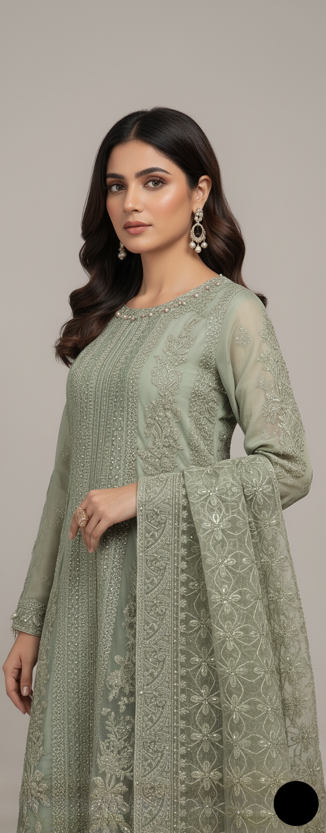 Pista green organza Pakistani women's straight shirt side view
