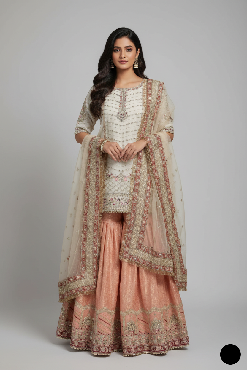 Organza shirt gharara ABS 3176 - Pakistani women's festive party wear with jamawar trouser and masuri net dupatta front view