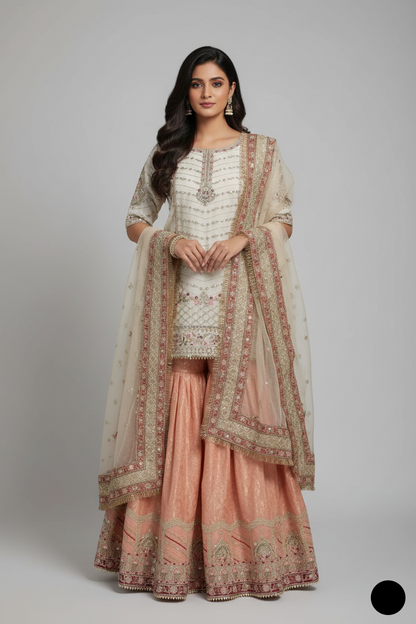 Organza shirt gharara ABS 3176 - Pakistani women's festive party wear with jamawar trouser and masuri net dupatta front view