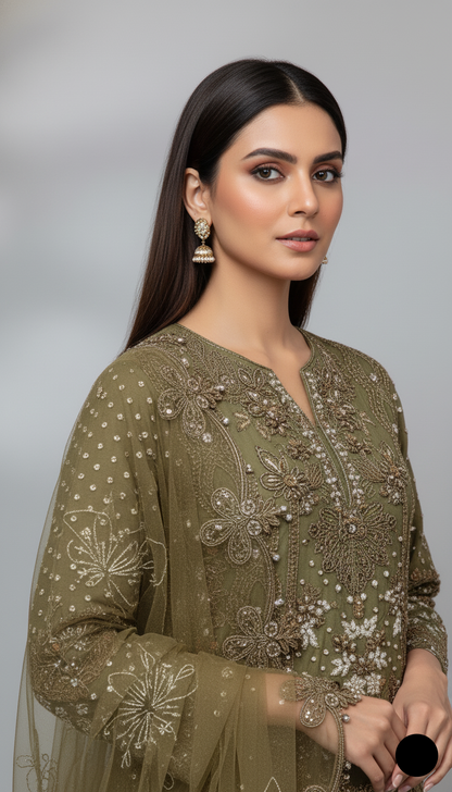 Pakistani women's mehndi green chiffon A-Line shirt detail view