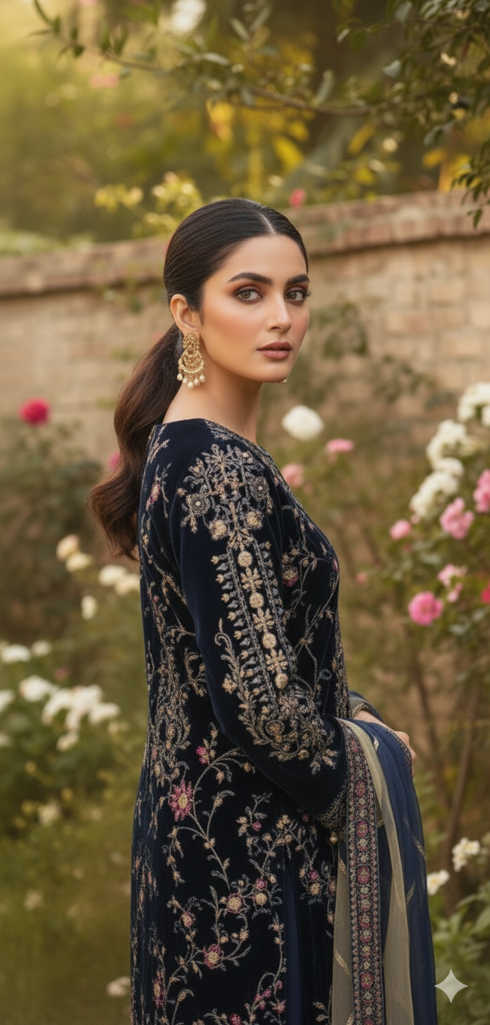 Pakistani women's navy blue velvet open shirt back view