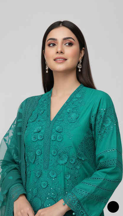 Pakistani women's green organza A-Line shirt detail view