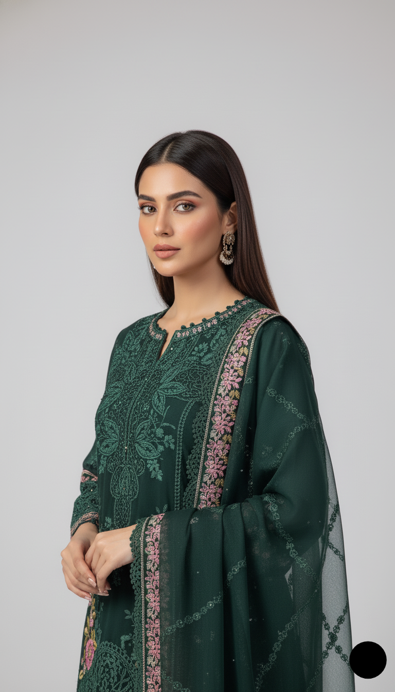 Pakistani women's bottle green organza A-Line shirt detail view