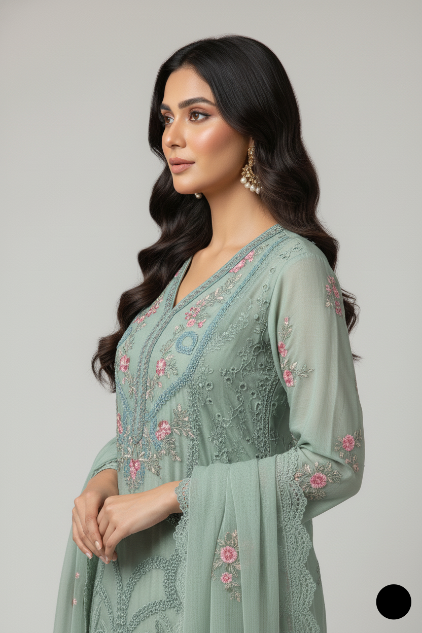 Pakistani women's light green chiffon straight shirt plazo detail view