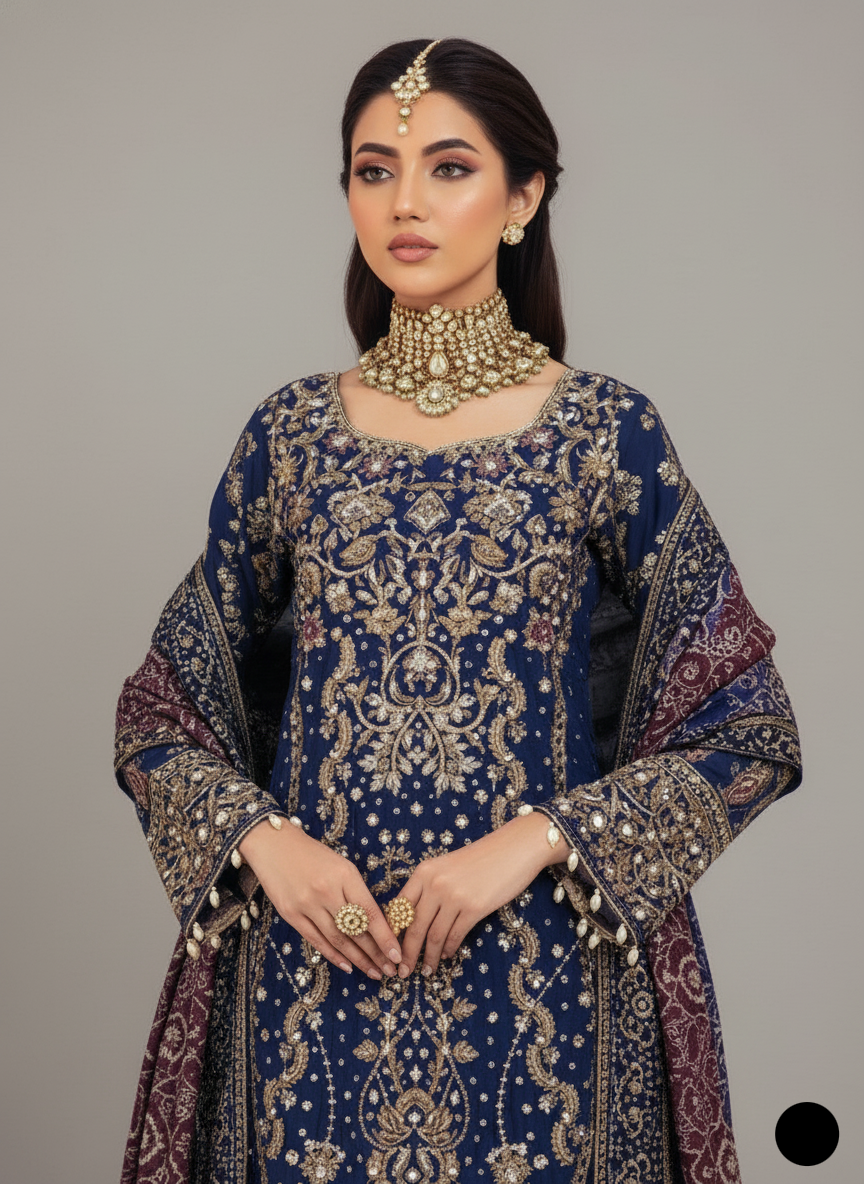 ABL 4127 Grip fabric Pakistani women's formal outfit with jamawar plazo side view