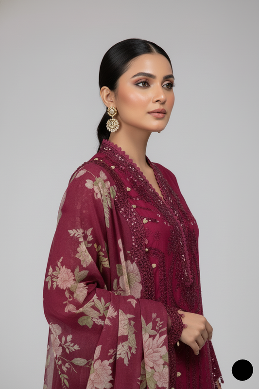 Maroon organza Pakistani women's A-Line shirt side view