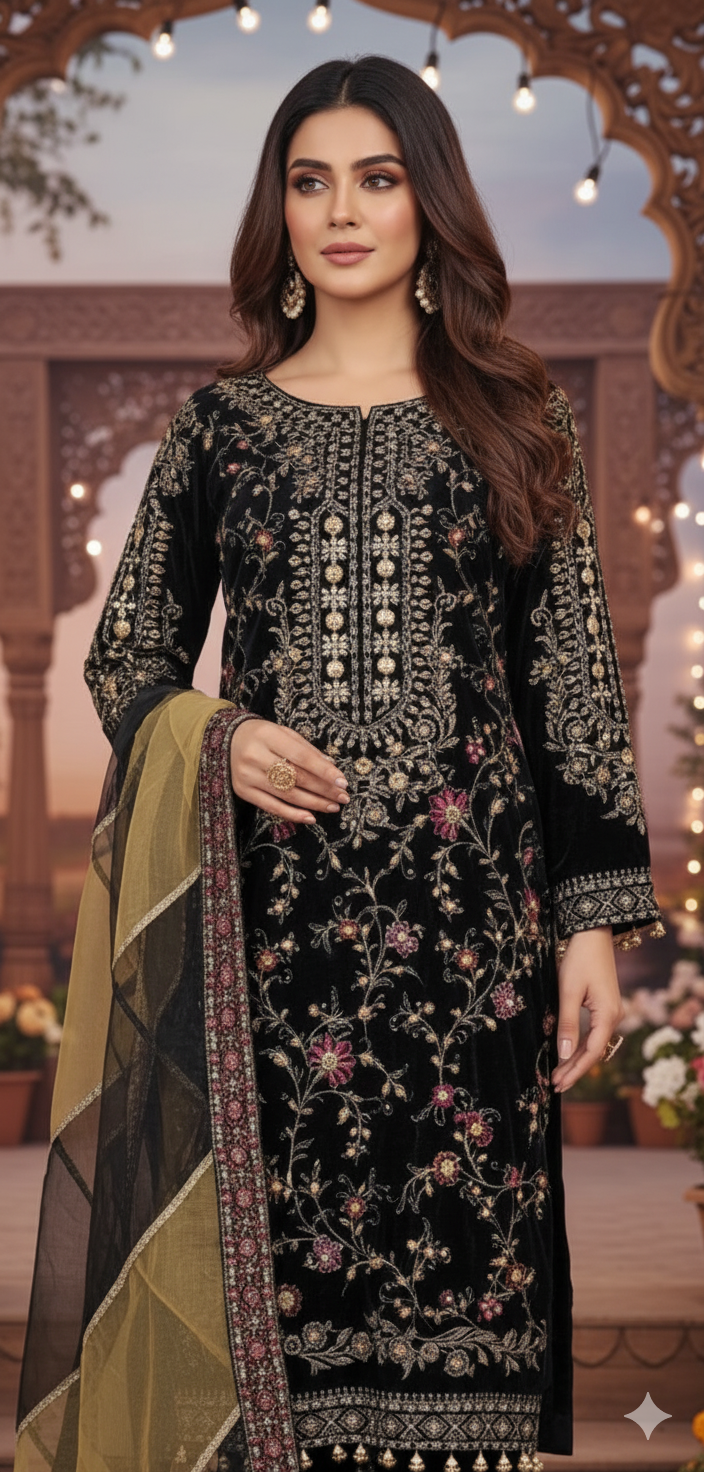Black velvet Pakistani women's open shirt side view