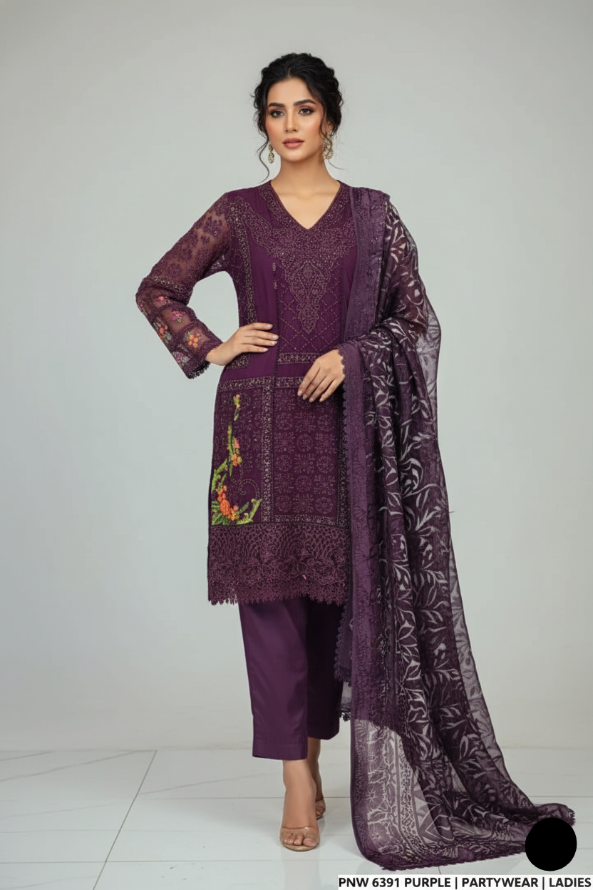 Chiffon straight shirt plazo purple - Pakistani women's party wear with viscose plazo and chiffon dupatta front view