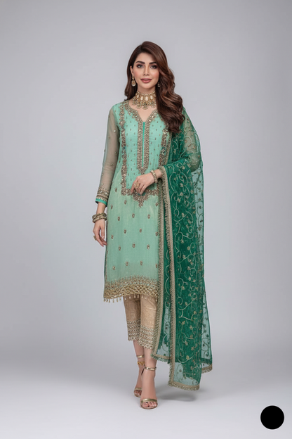 Pure resham karandi hand embroidered shirt KB P235 - Pakistani women's luxury party wear front view