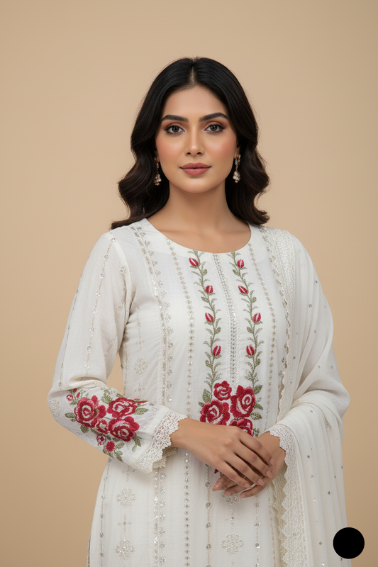 ABS 3238 Cotton A-Line Pakistani women's everyday dress with chiffon dupatta side view