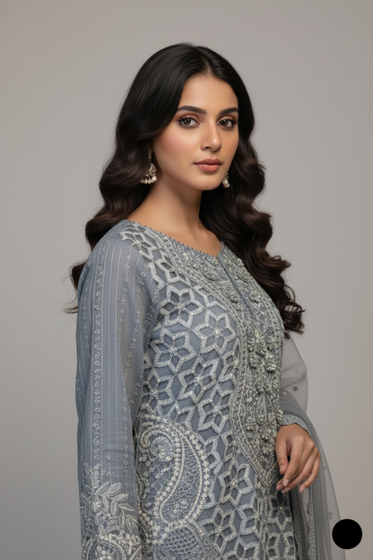ABL 3992 Pakistani women's organza formal outfit with dupatta detail view