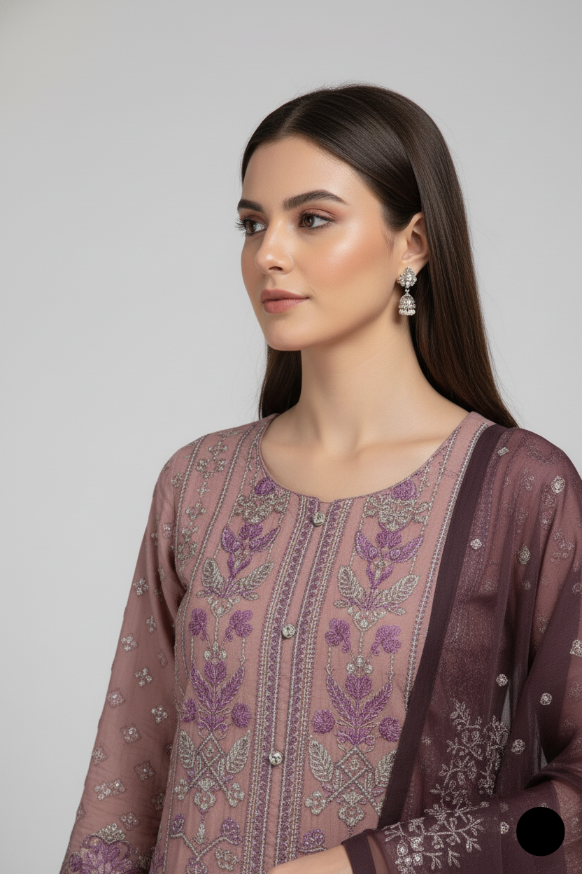 Pakistani women's tea pink chiffon straight shirt plazo detail view