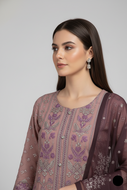 Pakistani women's tea pink chiffon straight shirt plazo detail view