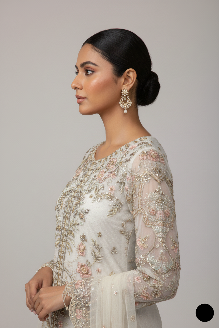 Pakistani women's off white organza short shirt detail view