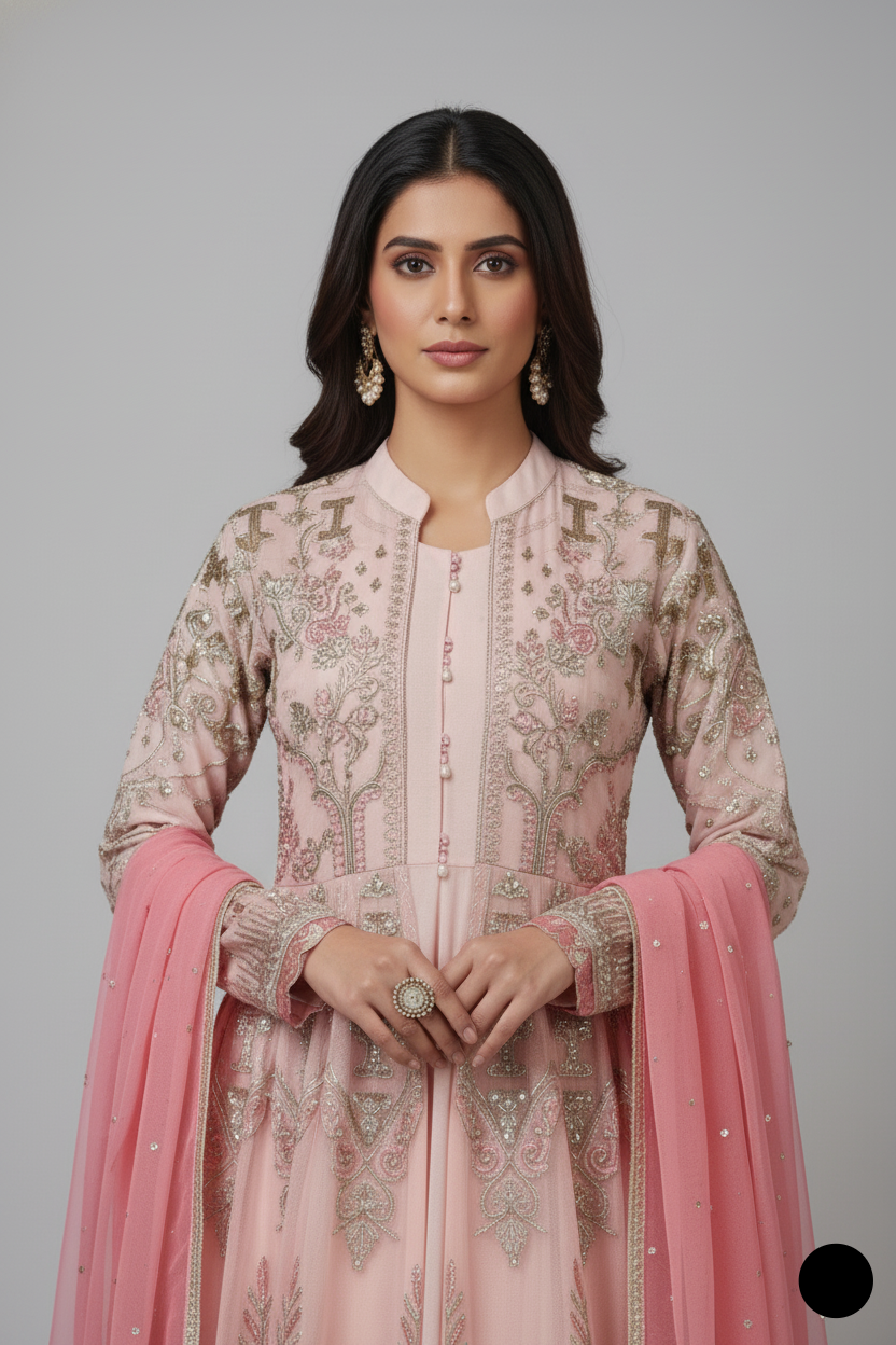 ABS 3029 Pakistani women's chiffon gown with chiffon dupatta detail view