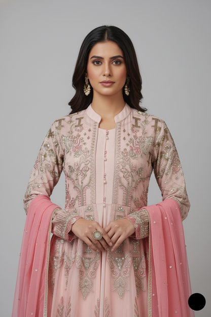ABS 3029 Pakistani women's chiffon gown with chiffon dupatta detail view
