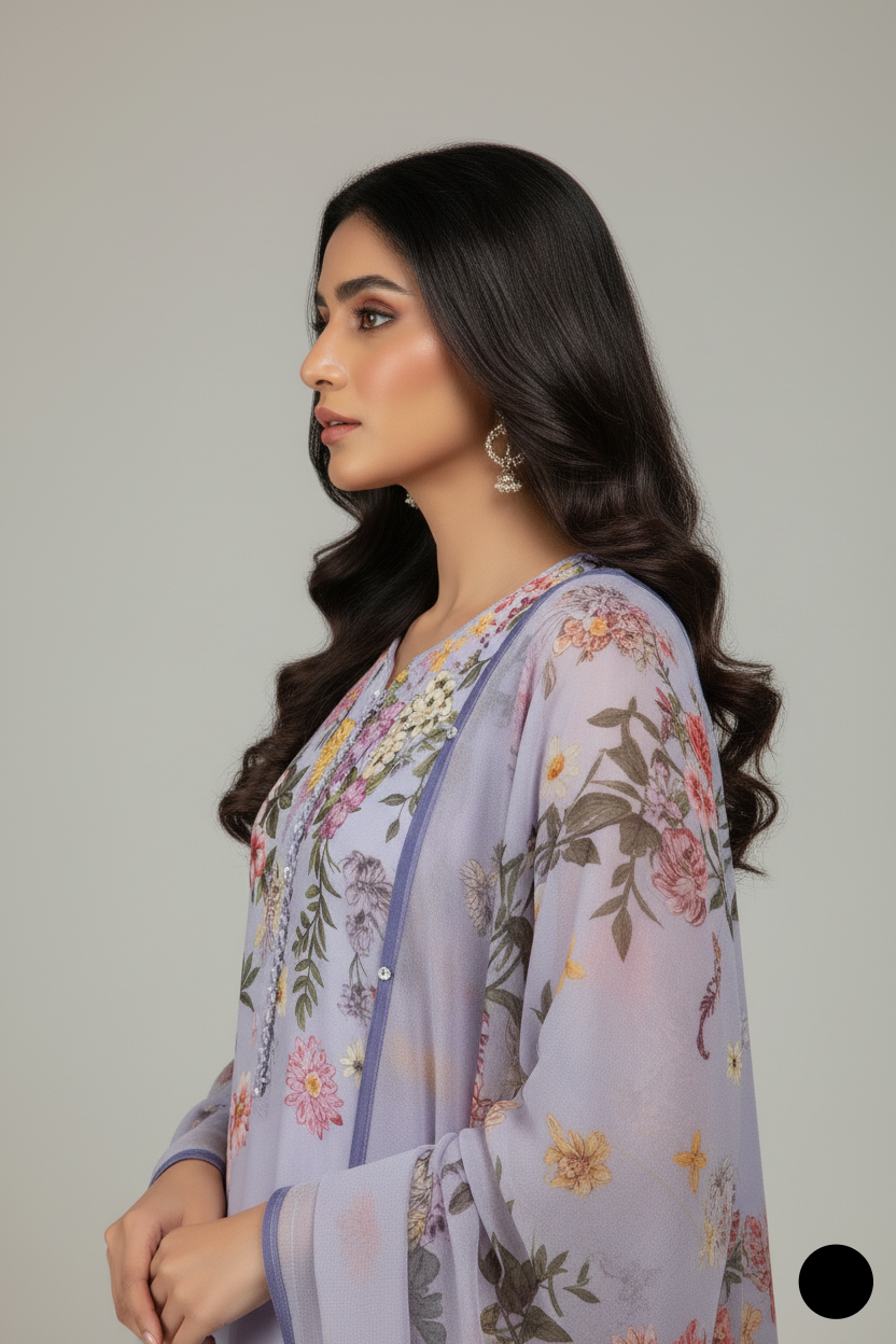 Pakistani women's lilac organza A-Line shirt detail view