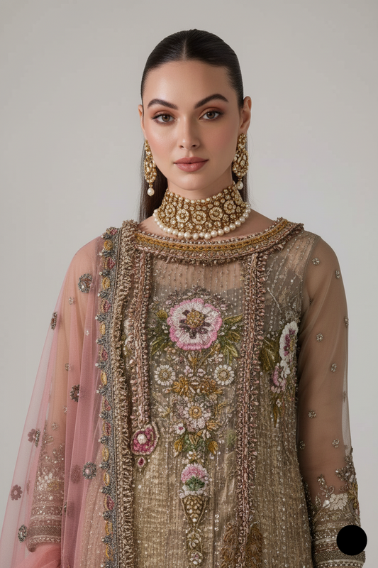 Gold hand embroidered Pakistani women's luxury suit side view