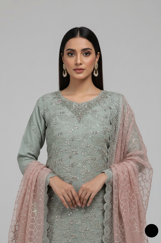ABS 3172 organza Pakistani women's straight shirt with plazo side view