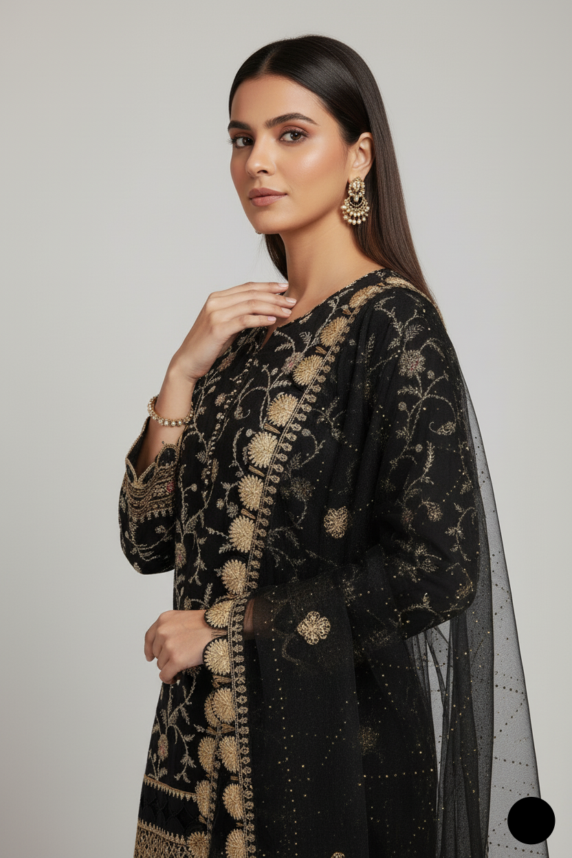 ABL 4117 BLK Pakistani women's chiffon shirt with jamawar gharara back view