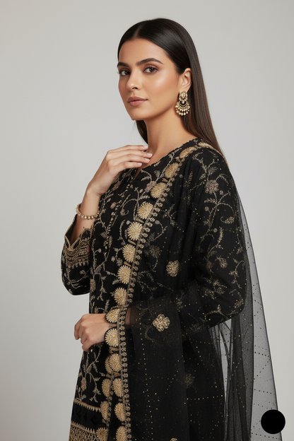 ABL 4117 BLK Pakistani women's chiffon shirt with jamawar gharara back view