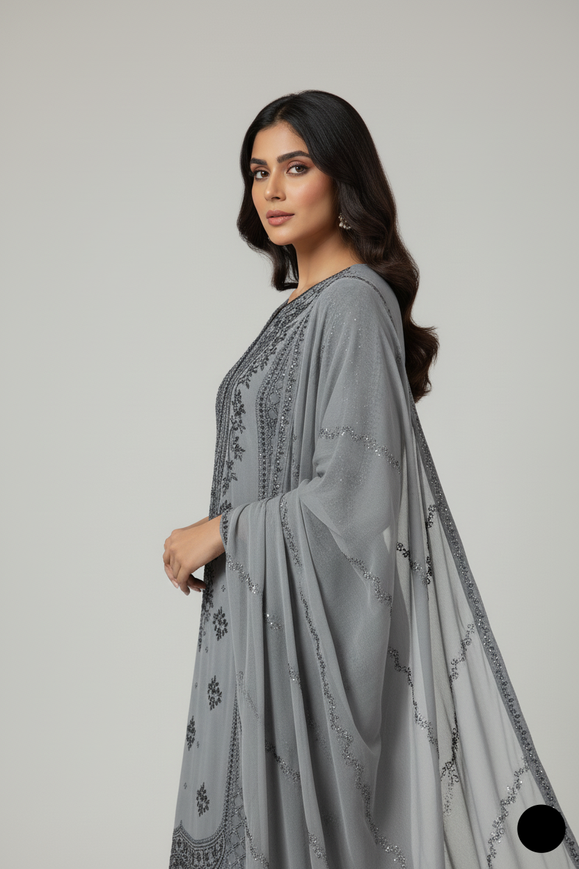 Pakistani women's grey chiffon straight shirt plazo detail view