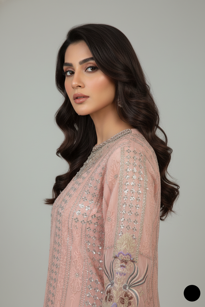 ABL 4075 - Beige Chiffon Straight 3-Piece Women's Pakistani Suit