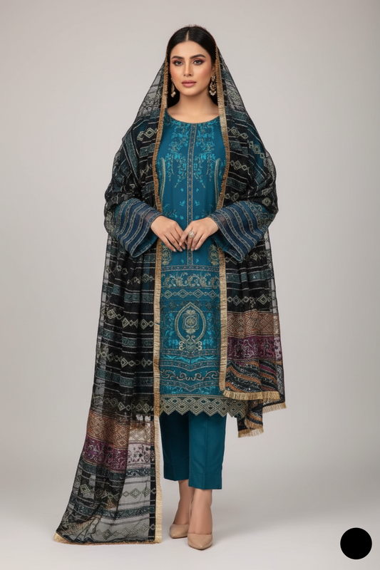 Chiffon straight shirt ABS 3100 - Pakistani women's elegant outfit with grip trouser and chiffon dupatta front view