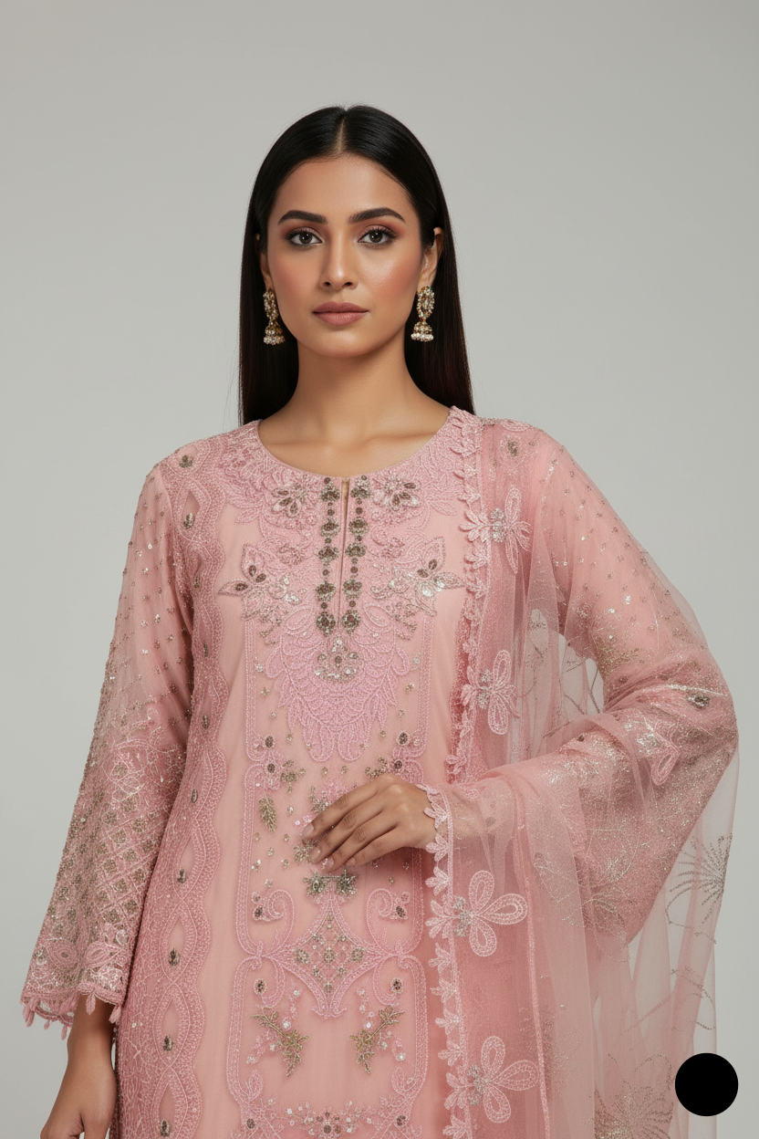 Pink organza Pakistani women's straight shirt side view