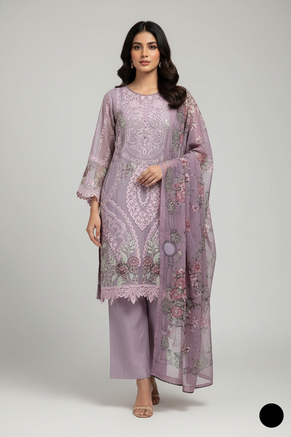 Chiffon straight shirt plazo lilac - Pakistani women's party wear with viscose plazo and chiffon dupatta front view