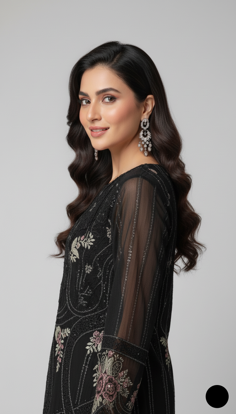 Pakistani women's black chiffon straight shirt detail view