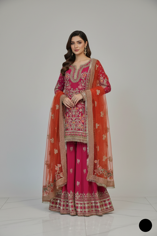 Chiffon straight shirt plazo ABS 3292 - Pakistani women's party wear with net dupatta front view